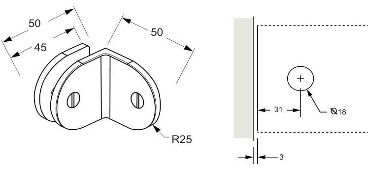 90° Glass to Wall/Floor Bracket, round technical drawing (SB50)
