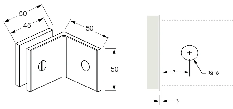 90° Glass to Wall/Floor Bracket, square technical drawing (SB50 SQ)
