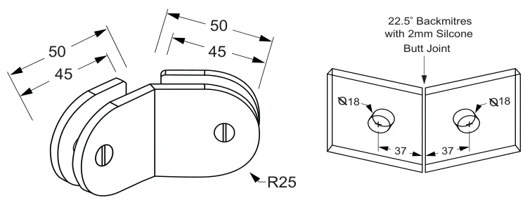 135° Glass to Glass Bracket, round technical drawing (SBD135)