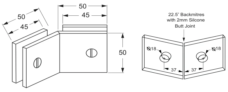 135° Glass to Glass Bracket, square technical drawing (SBD135 SQ)