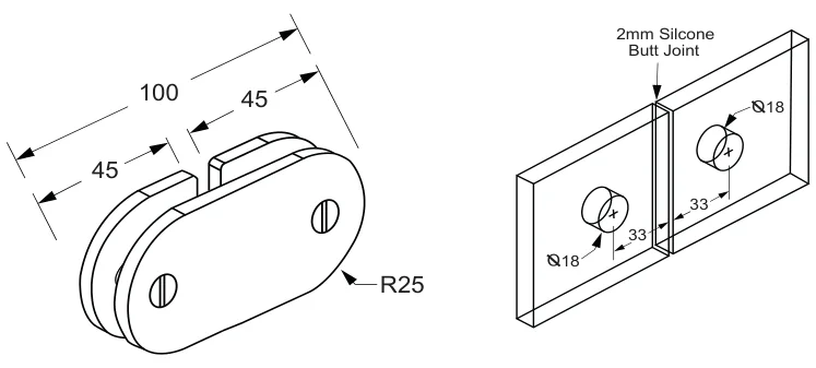 180° Glass to Glass Bracket technical drawing (SBD180)