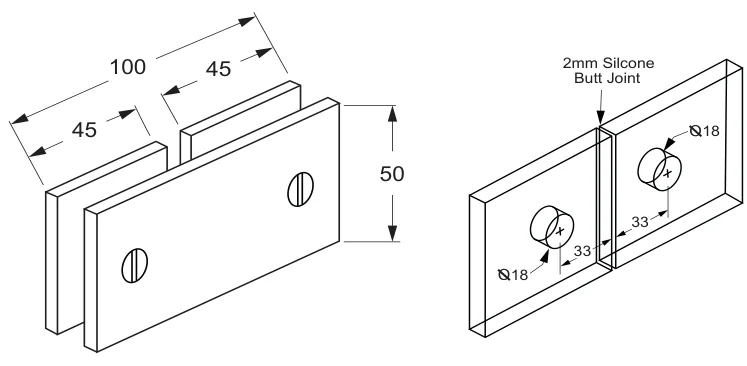 180° Glass to Glass Bracket, square technical drawing (SBD180 SQ)