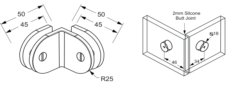 90° Glass to Glass Bracket, round technical drawing (SBD50)