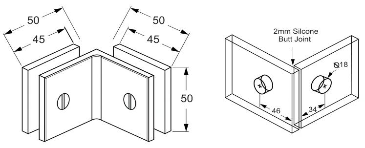 90° Glass to Glass Bracket, square technical drawing (SBD50 SQ)