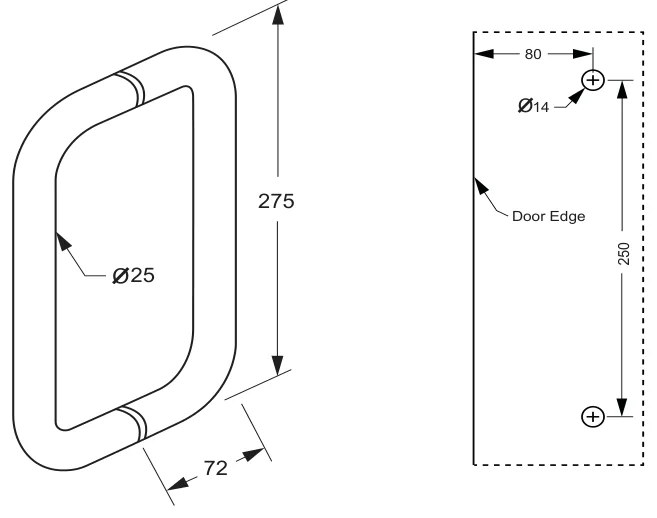 250mm Double D Pull Handle Set technical drawing (SH250)