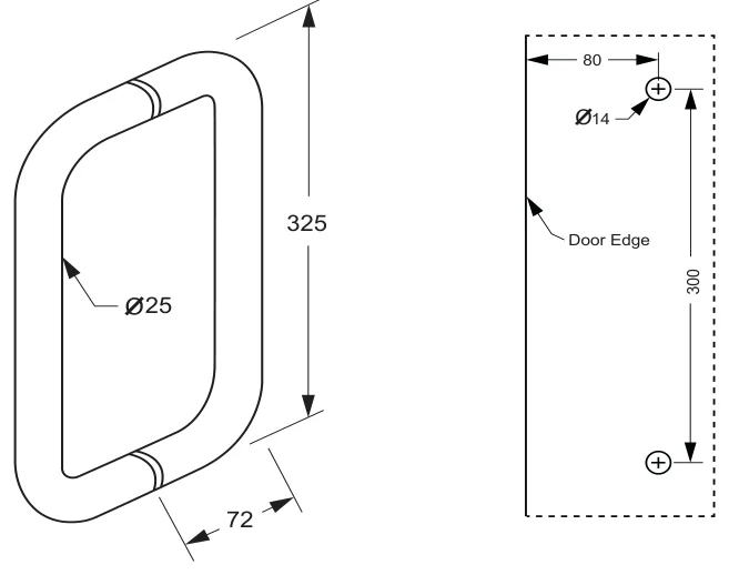 300mm Double D Pull Handle Set technical drawing (SH300)